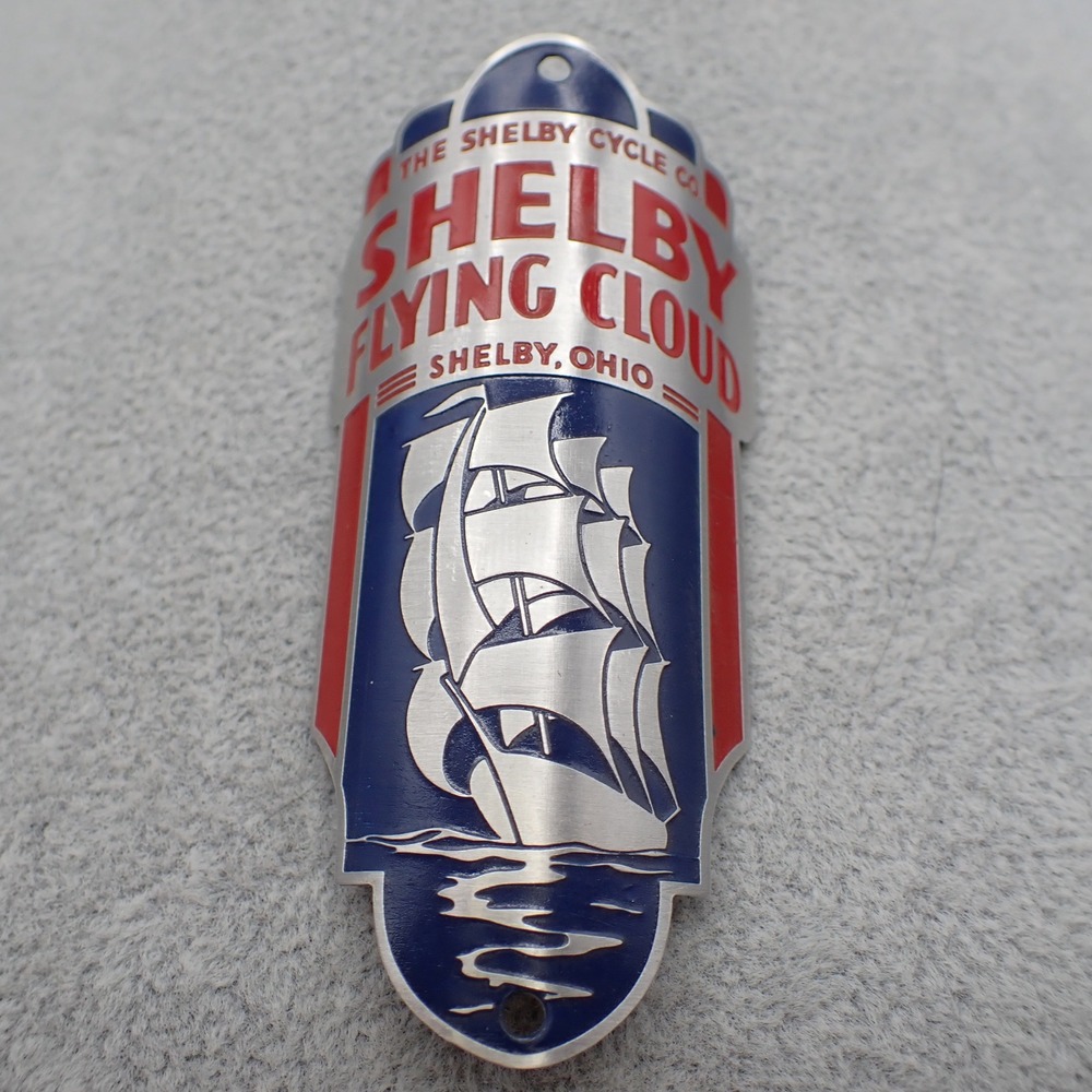 Vintage Shelby Flying Cloud Bicycle Head Badge Metal Red White Blue Ship READ